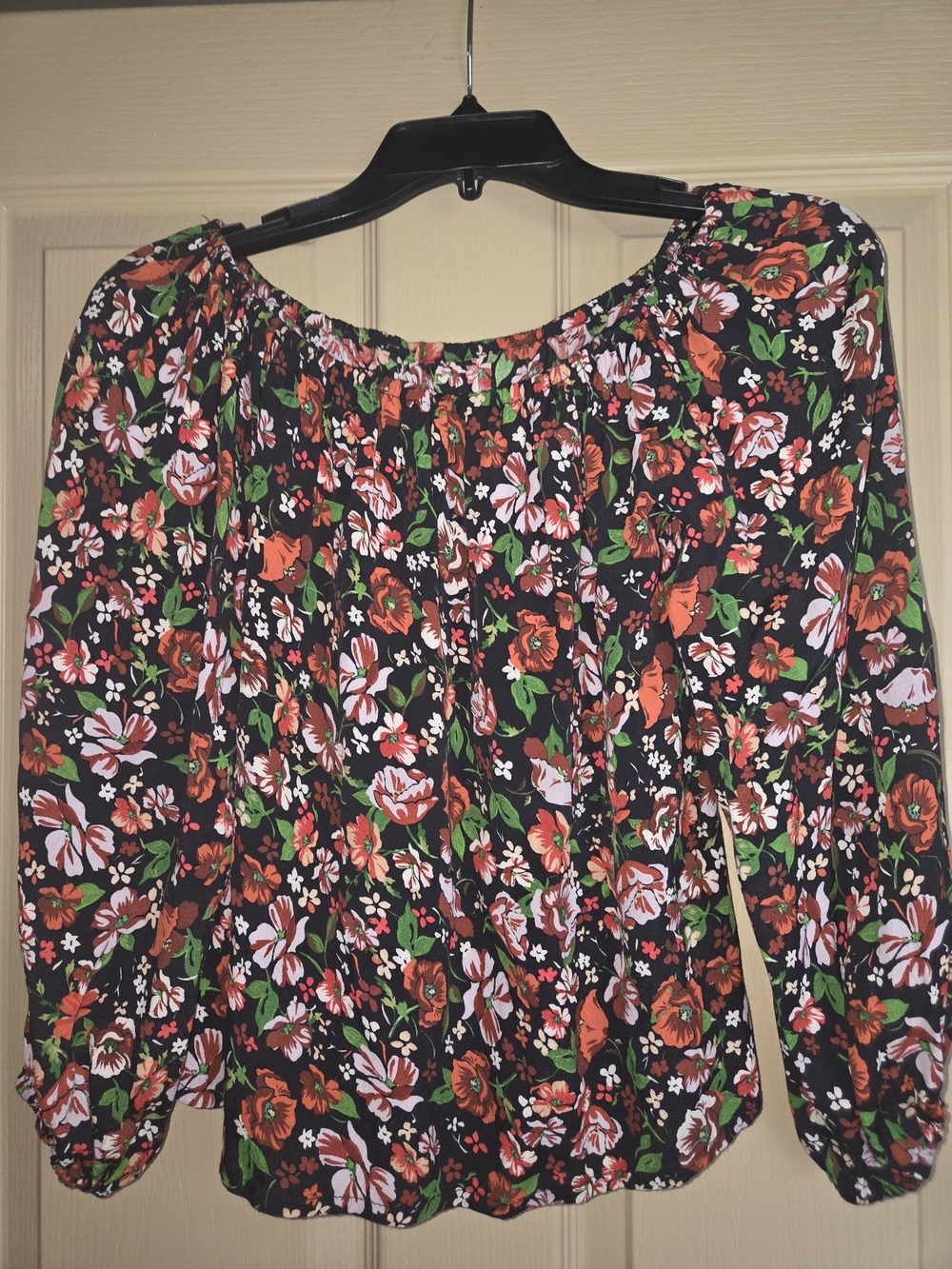 Zara Black Floral Off-Shoulder Blouse with Orange and Green Accents